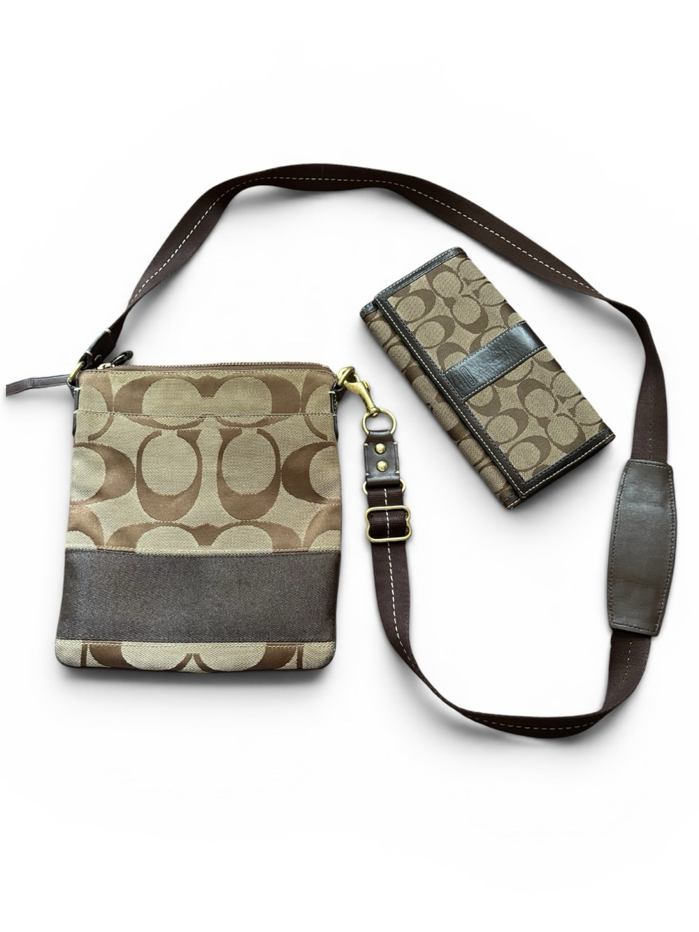 Vintage Y2K Coach Signature Swingpack Brown Crossbody w Matching Trifold Wallet